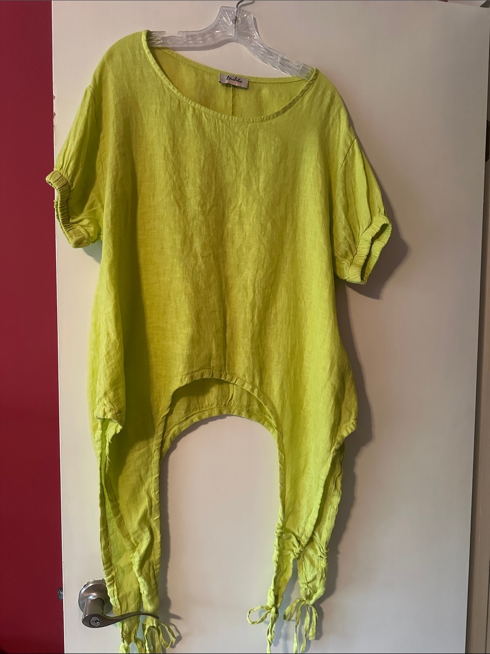 Lime Green Short Sleeve Linen Tunic Top Devitalia